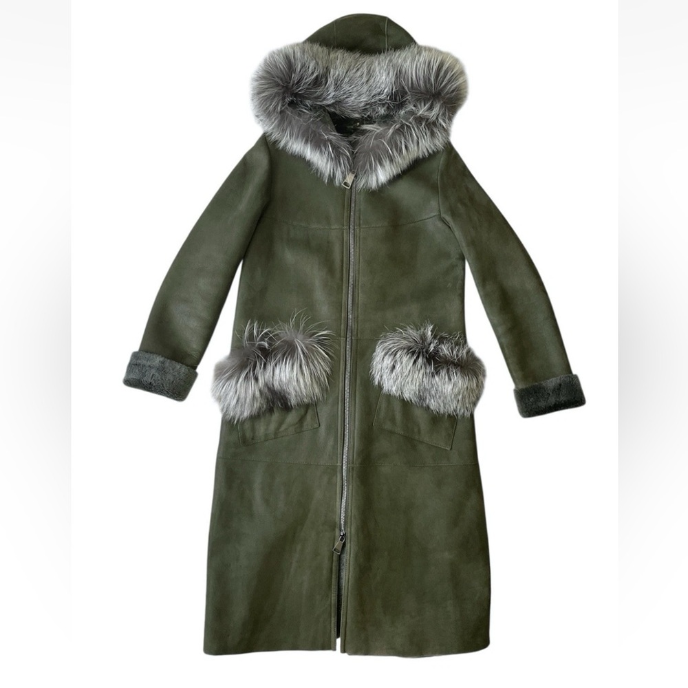 Women's Genuine Fox Fur Hooded Full Zip Shearling Long Coat Olive Green M runs S